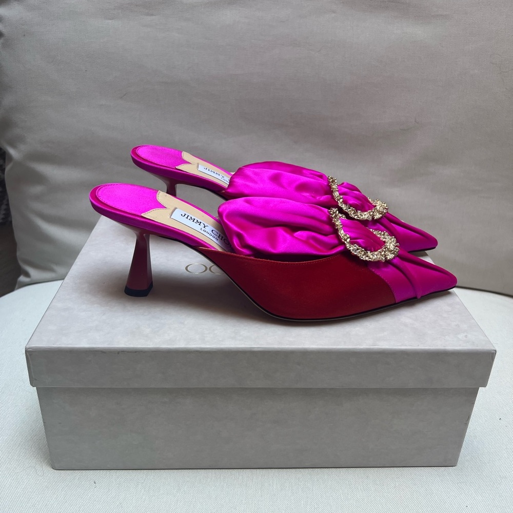 Jimmy Choo Pink and Red Heels. Color-blocked Mules. Sold out. Never worn.